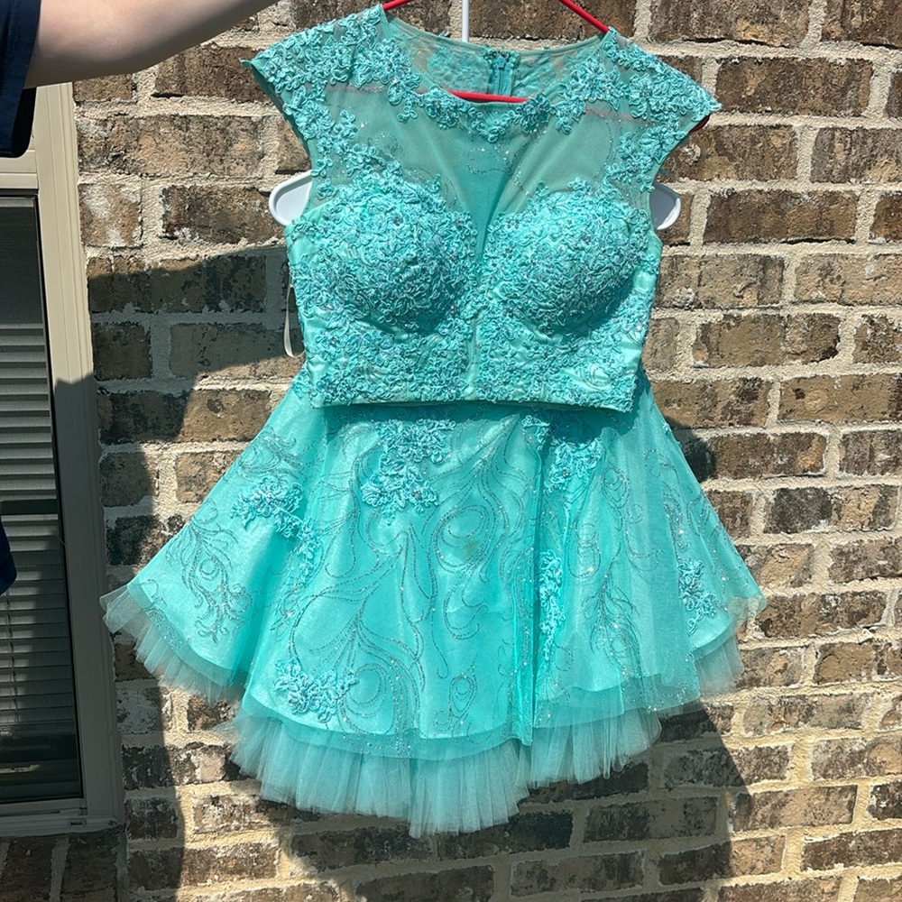 Jovani teal two piece dress